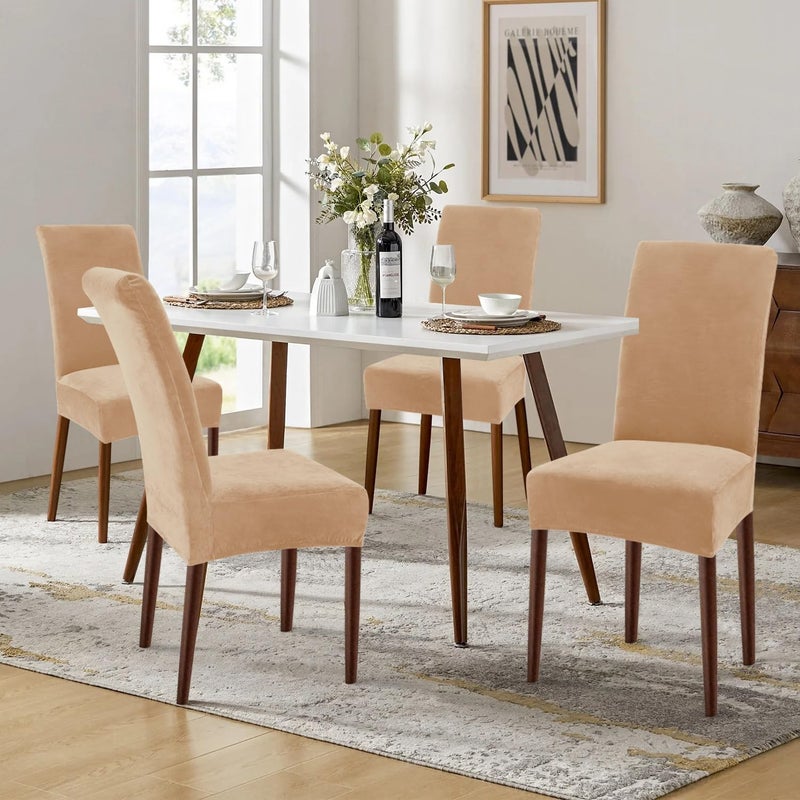 Smiry Velvet Stretch Dining Room Chair Covers Set of 2, Soft Removable Washable Chair Slipcovers Kitchen Parsons Chair Protector, Beige - Image 2